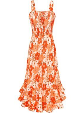 Women's Orange Square Neck Strapped A LINE Floral Boho Long Maxi Dress